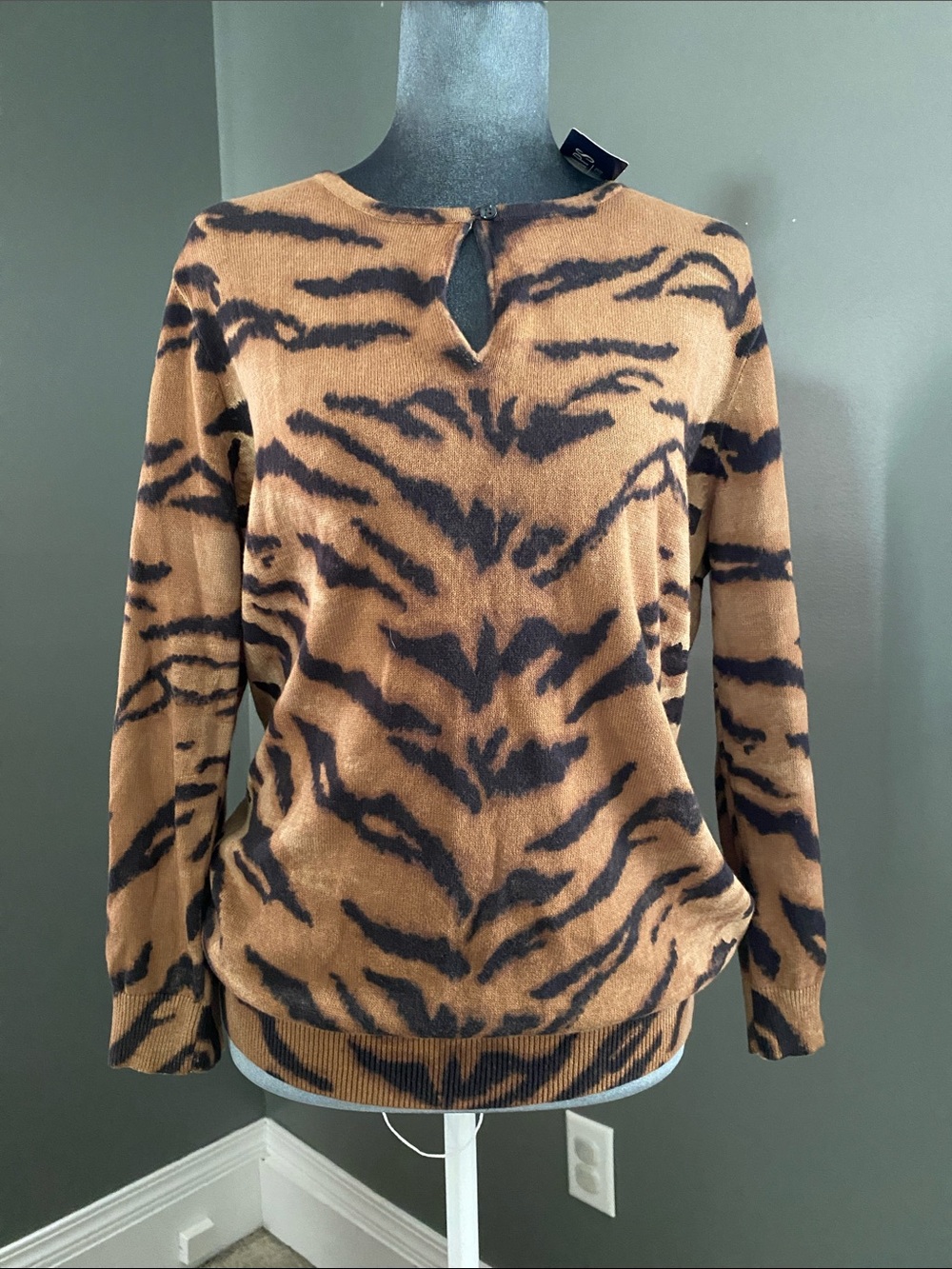 Chaps Brown and Black Tiger-Print Crewneck Sweater